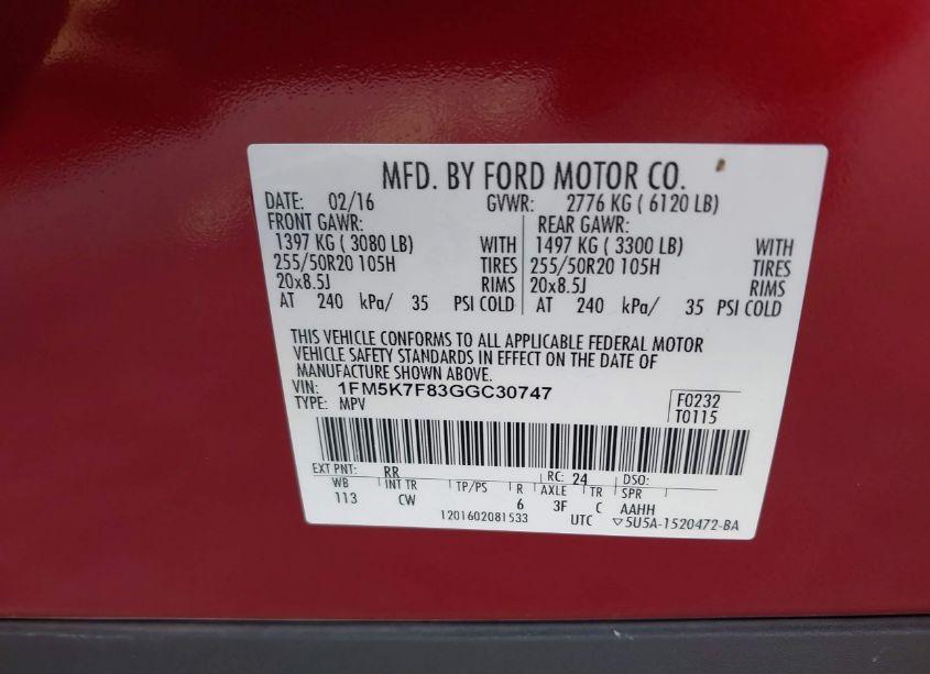 Photo 9 of 2016 Ford Explorer LIMITED (VIN 1FM5K7F83GGC30747)