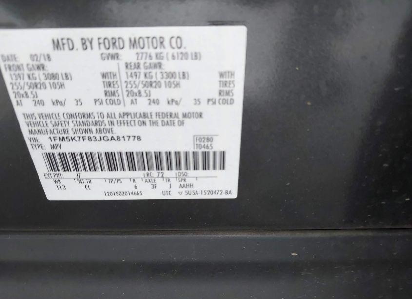 Photo 9 of 2018 Ford Explorer LIMITED (VIN 1FM5K7F83JGA81778)