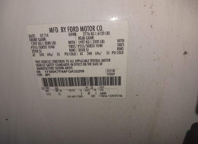 Photo 9 of 2015 Ford Explorer LIMITED (VIN 1FM5K7F84FGA32208)