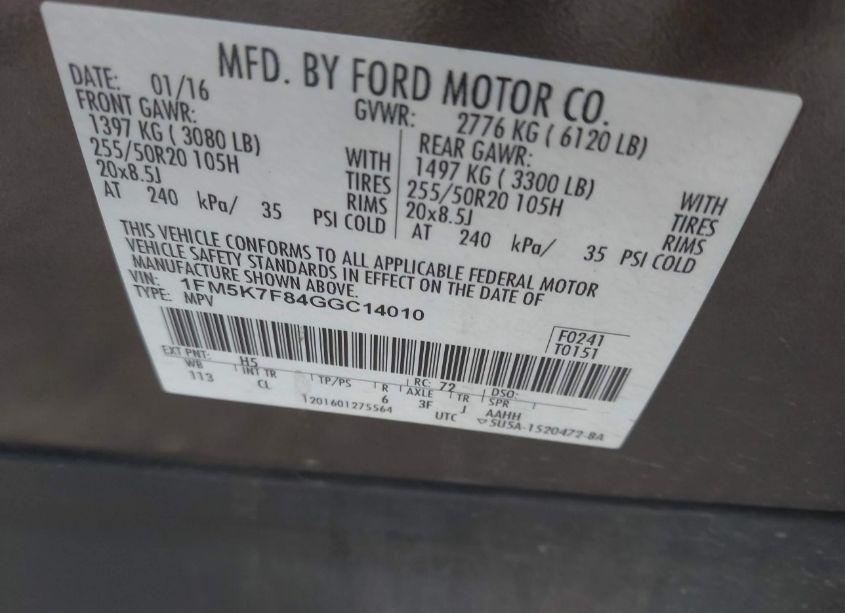 Photo 9 of 2016 Ford Explorer LIMITED (VIN 1FM5K7F84GGC14010)