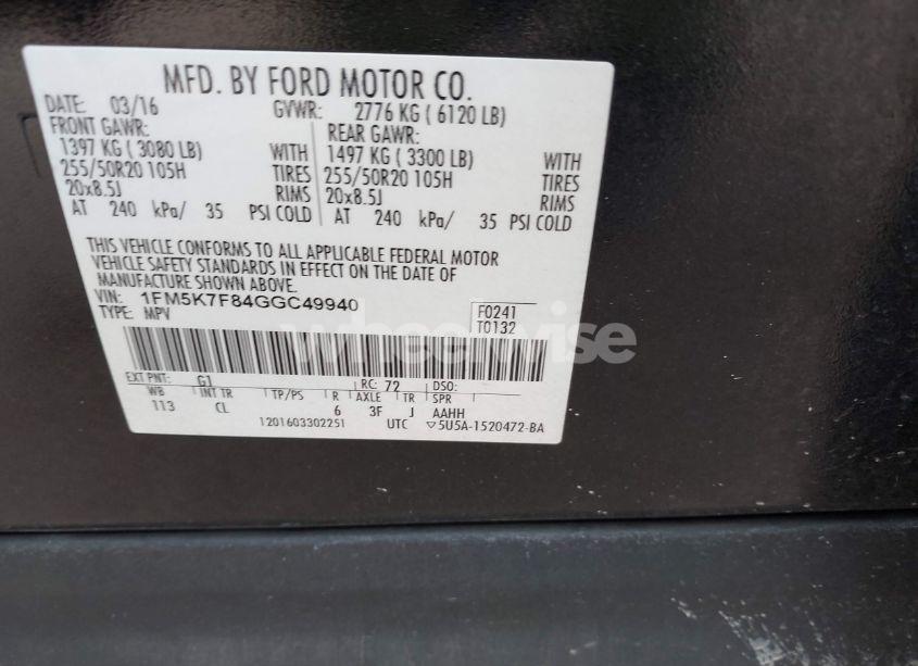 Photo 9 of 2016 Ford Explorer LIMITED (VIN 1FM5K7F84GGC49940)