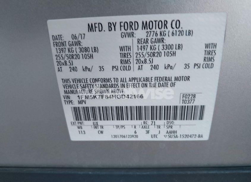 Photo 9 of 2017 Ford Explorer LIMITED (VIN 1FM5K7F84HGD42166)