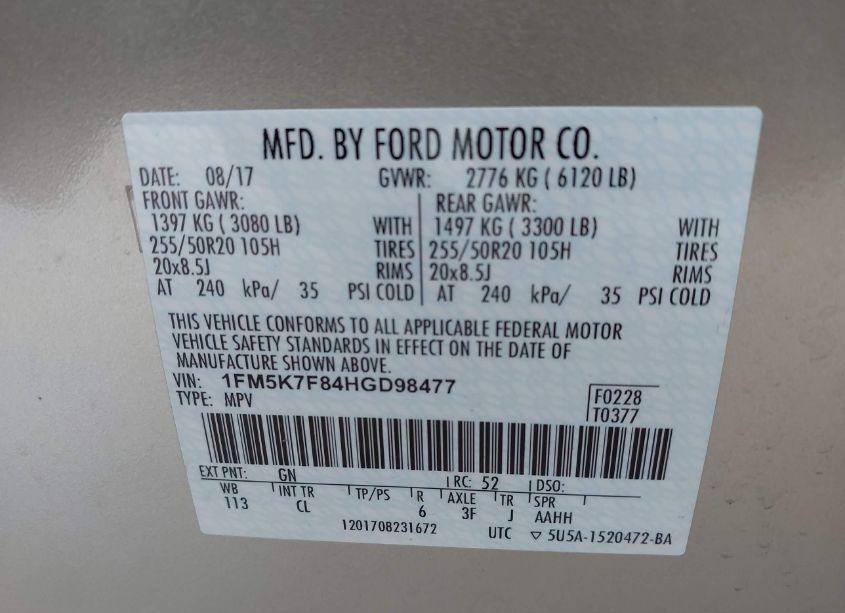 Photo 9 of 2017 Ford Explorer LIMITED (VIN 1FM5K7F84HGD98477)