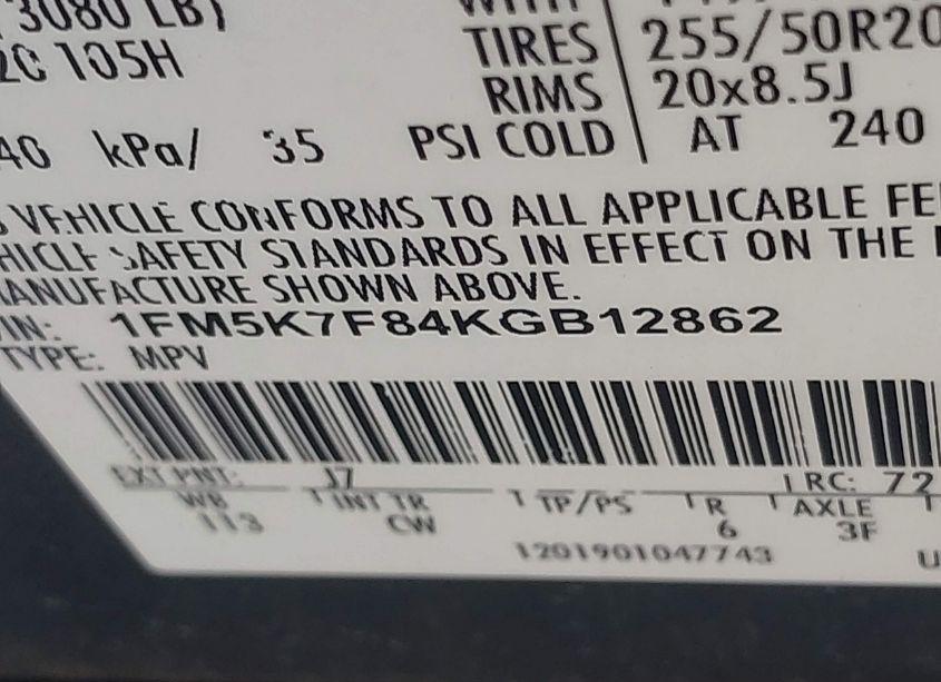 Photo 9 of 2019 Ford Explorer LIMITED (VIN 1FM5K7F84KGB12862)