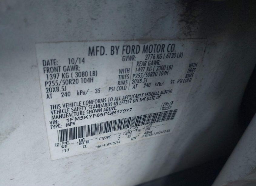 Photo 9 of 2015 Ford Explorer LIMITED (VIN 1FM5K7F85FGB17977)