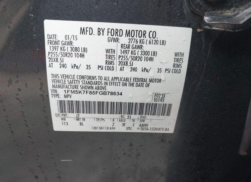 Photo 9 of 2015 Ford Explorer LIMITED (VIN 1FM5K7F85FGB78634)