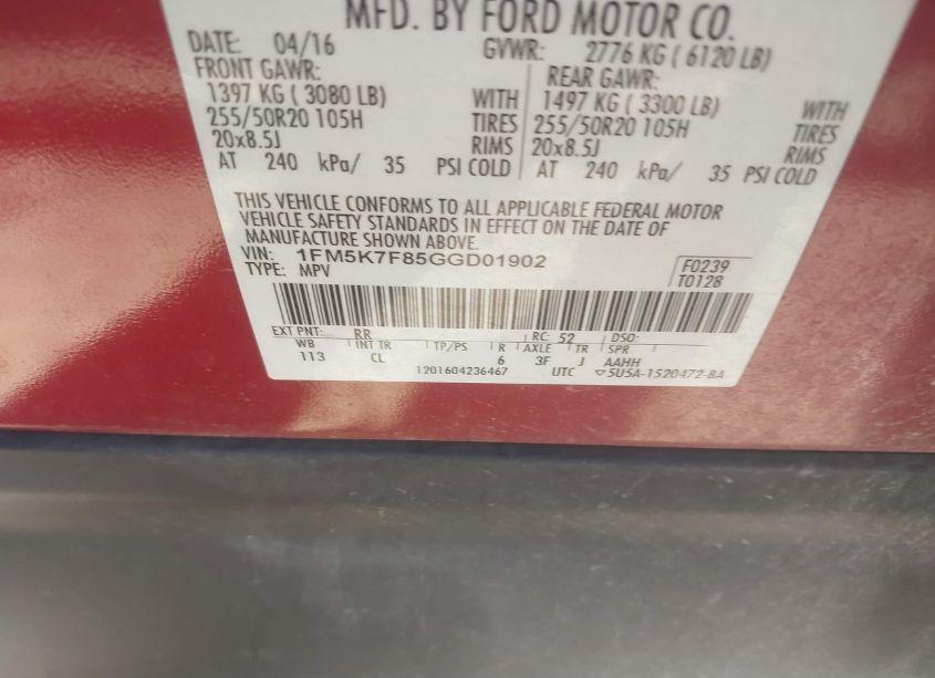 Photo 9 of 2016 Ford Explorer LIMITED (VIN 1FM5K7F85GGD01902)