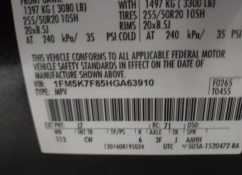 Photo 9 of 2017 Ford Explorer LIMITED (VIN 1FM5K7F85HGA63910)