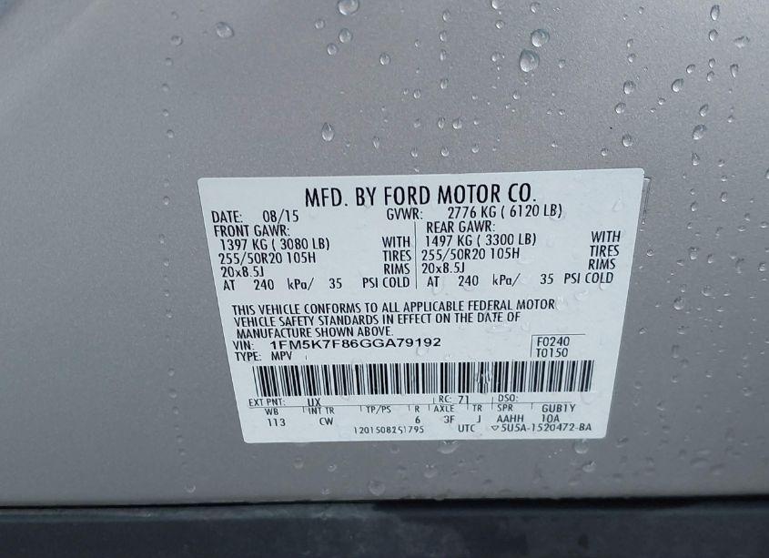 Photo 9 of 2016 Ford Explorer LIMITED (VIN 1FM5K7F86GGA79192)