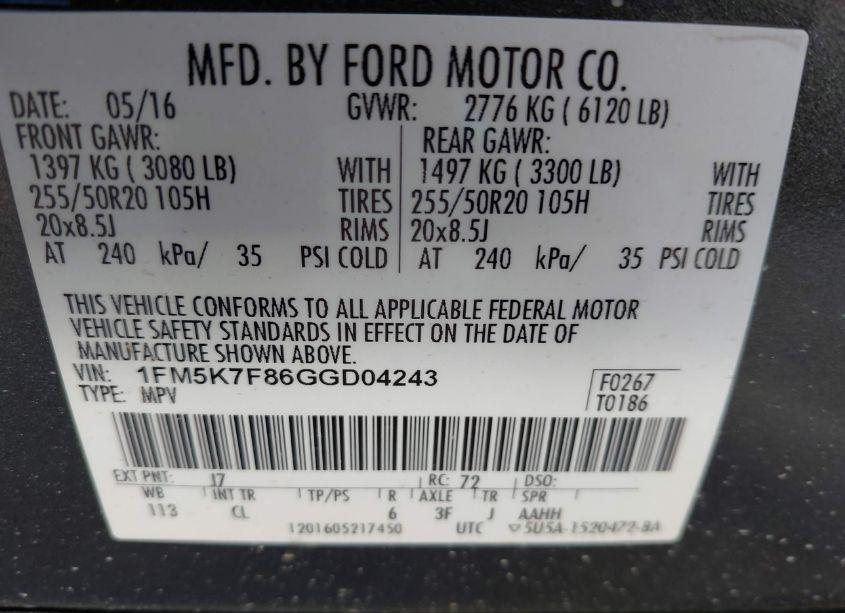 Photo 9 of 2016 Ford Explorer LIMITED (VIN 1FM5K7F86GGD04243)