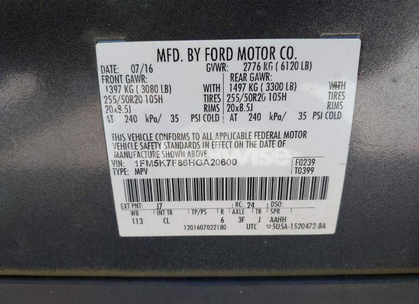 Photo 9 of 2017 Ford Explorer LIMITED (VIN 1FM5K7F86HGA20600)