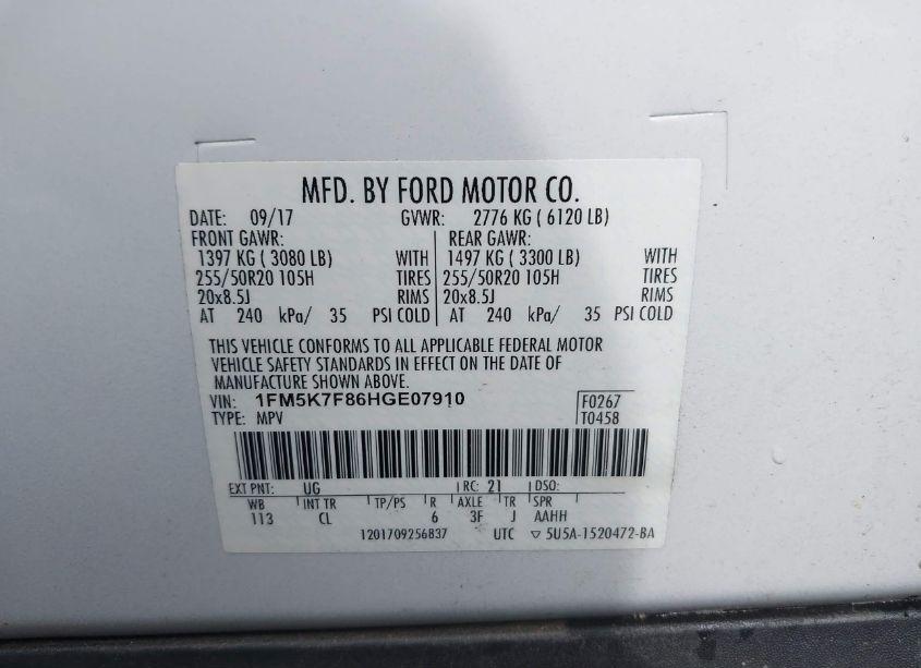 Photo 9 of 2017 Ford Explorer LIMITED (VIN 1FM5K7F86HGE07910)