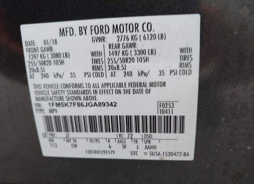 Photo 9 of 2018 Ford Explorer LIMITED (VIN 1FM5K7F86JGA89342)