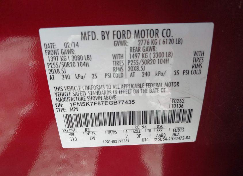 Photo 9 of 2014 Ford Explorer LIMITED (VIN 1FM5K7F87EGB77435)