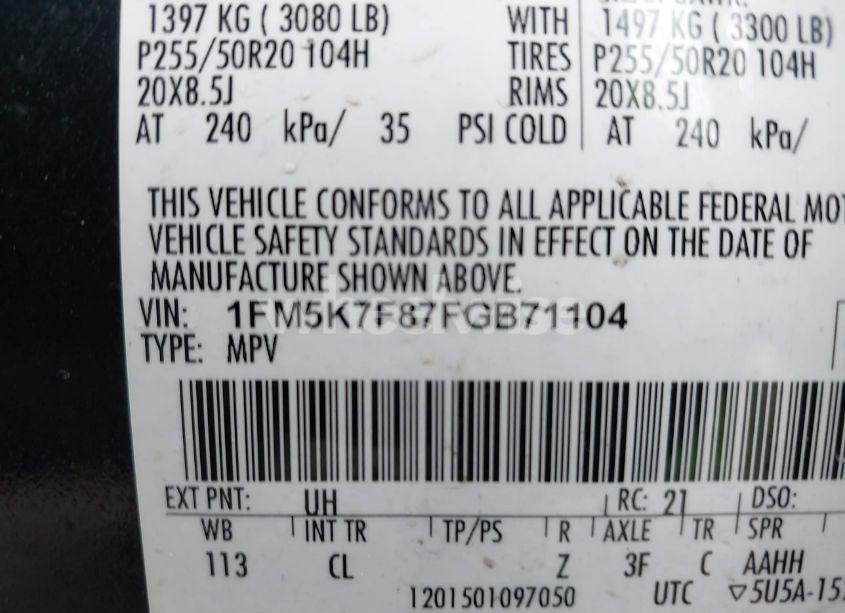 Photo 9 of 2015 Ford Explorer LIMITED (VIN 1FM5K7F87FGB71104)