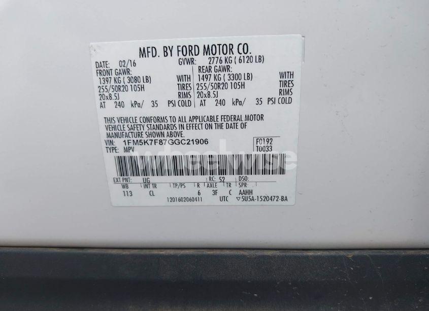 Photo 9 of 2016 Ford Explorer LIMITED (VIN 1FM5K7F87GGC21906)