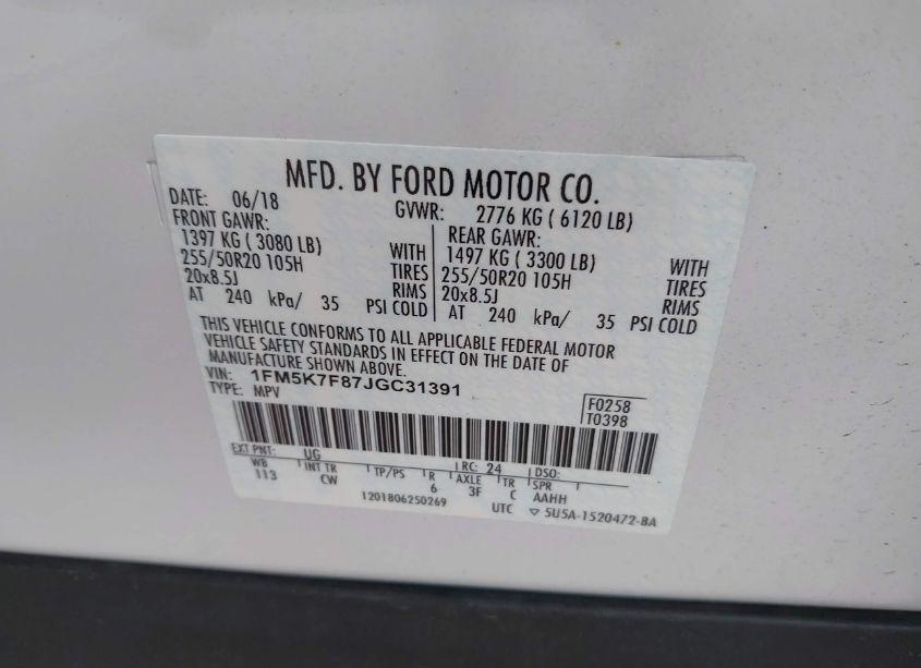 Photo 9 of 2018 Ford Explorer LIMITED (VIN 1FM5K7F87JGC31391)