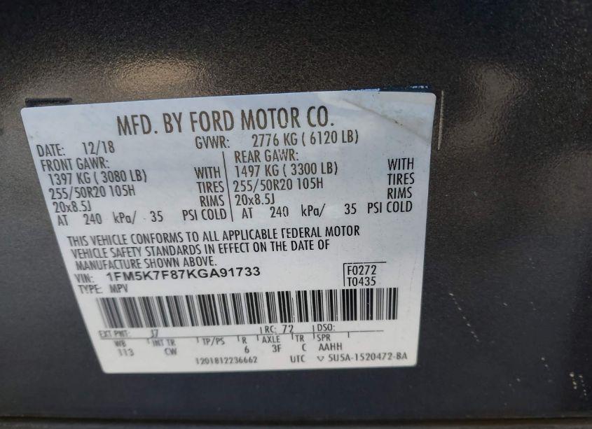 Photo 9 of 2019 Ford Explorer LIMITED (VIN 1FM5K7F87KGA91733)