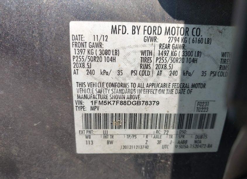 Photo 9 of 2013 Ford Explorer LIMITED (VIN 1FM5K7F88DGB78379)