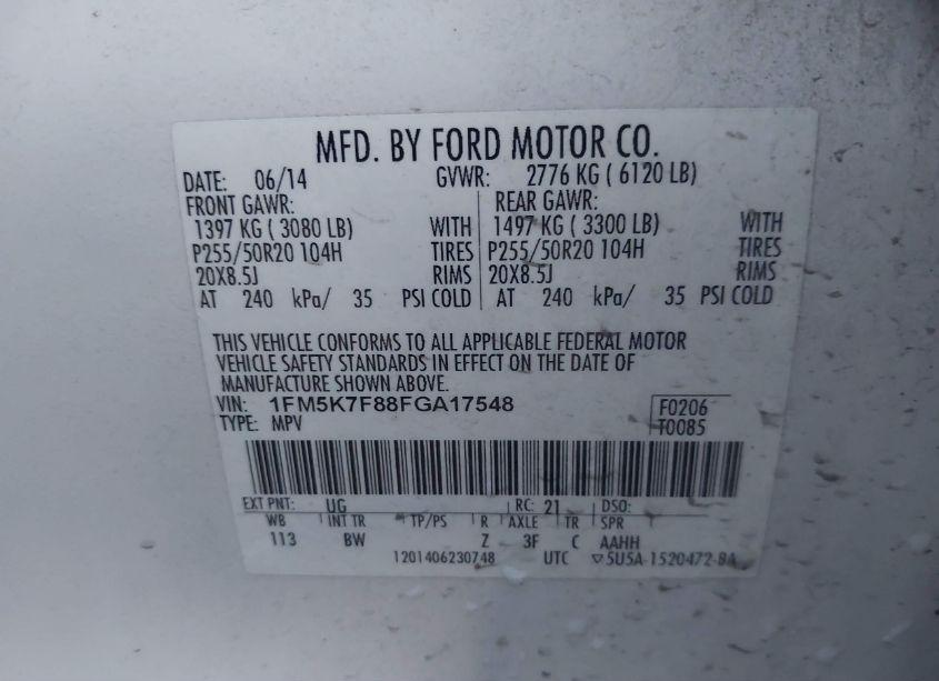 Photo 9 of 2015 Ford Explorer LIMITED (VIN 1FM5K7F88FGA17548)