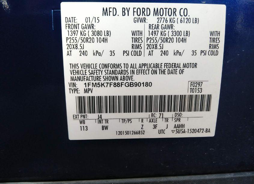 Photo 9 of 2015 Ford Explorer LIMITED (VIN 1FM5K7F88FGB90180)