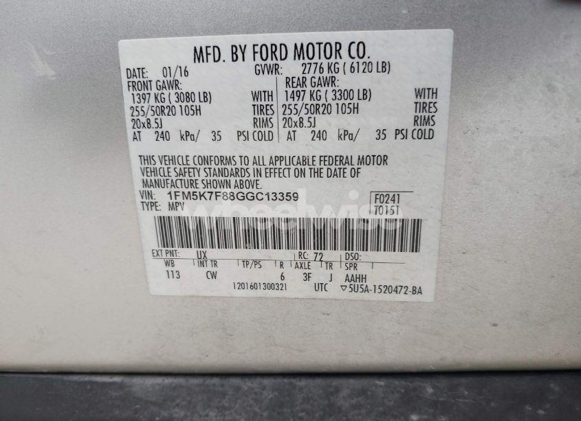 Photo 9 of 2016 Ford Explorer LIMITED (VIN 1FM5K7F88GGC13359)