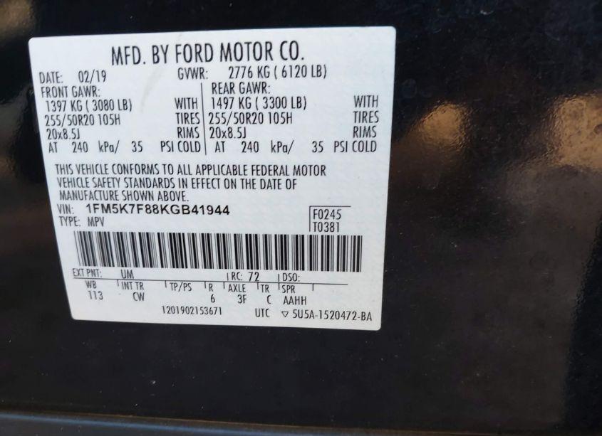 Photo 9 of 2019 Ford Explorer LIMITED (VIN 1FM5K7F88KGB41944)