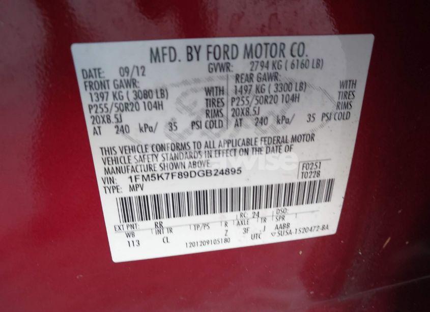 Photo 9 of 2013 Ford Explorer LIMITED (VIN 1FM5K7F89DGB24895)