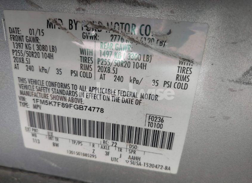 Photo 9 of 2015 Ford Explorer LIMITED (VIN 1FM5K7F89FGB74778)