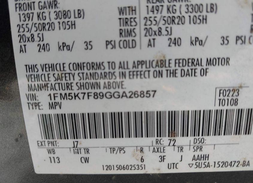 Photo 9 of 2016 Ford Explorer LIMITED (VIN 1FM5K7F89GGA26857)