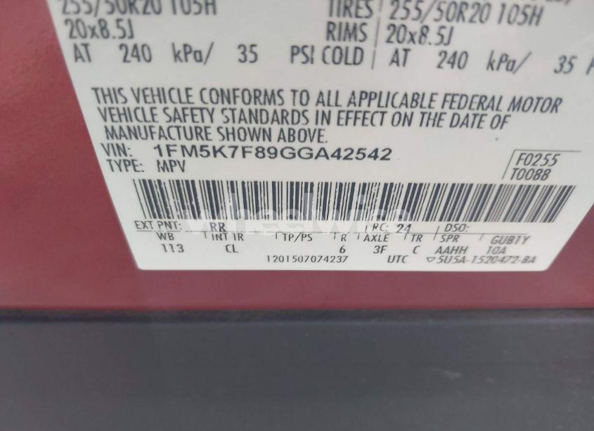 Photo 9 of 2016 Ford Explorer LIMITED (VIN 1FM5K7F89GGA42542)