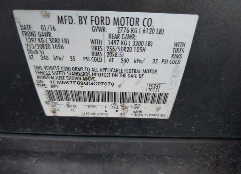 Photo 9 of 2016 Ford Explorer LIMITED (VIN 1FM5K7F89GGC07070)