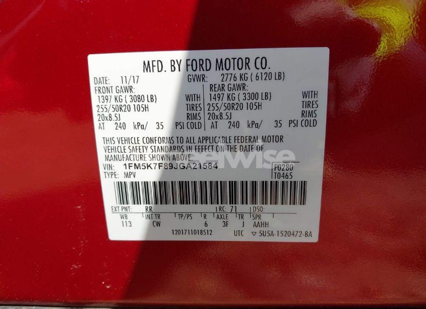 Photo 9 of 2018 Ford Explorer LIMITED (VIN 1FM5K7F89JGA21584)