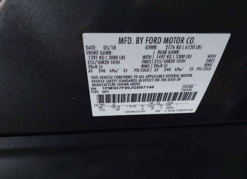 Photo 9 of 2018 Ford Explorer LIMITED (VIN 1FM5K7F89JGB97146)