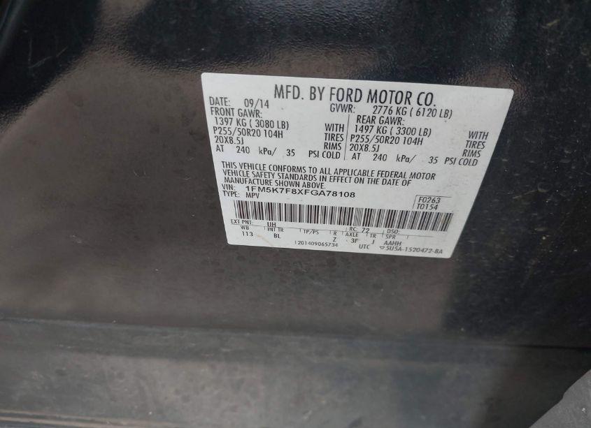 Photo 9 of 2015 Ford Explorer LIMITED (VIN 1FM5K7F8XFGA78108)