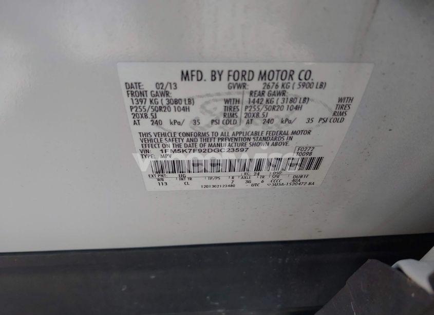 Photo 9 of 2013 Ford Explorer LIMITED (VIN 1FM5K7F92DGC23597)