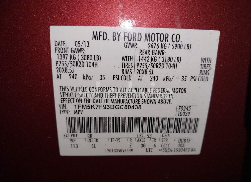 Photo 9 of 2013 Ford Explorer LIMITED (VIN 1FM5K7F93DGC80438)