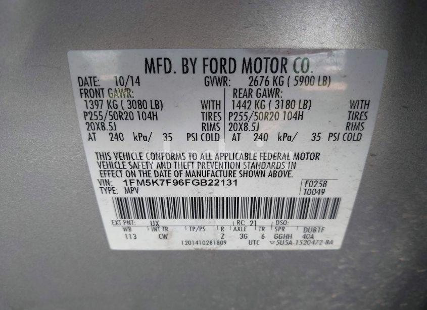 Photo 9 of 2015 Ford Explorer LIMITED (VIN 1FM5K7F96FGB22131)