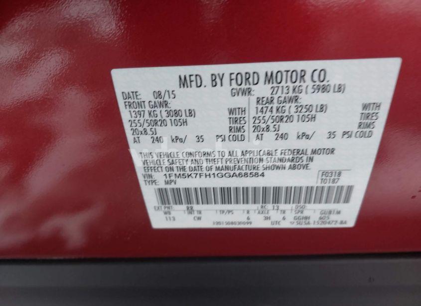 Photo 9 of 2016 Ford Explorer LIMITED (VIN 1FM5K7FH1GGA68584)