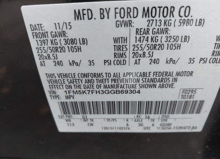 Photo 9 of 2016 Ford Explorer LIMITED (VIN 1FM5K7FH3GGB69304)