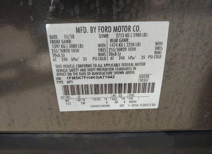 Photo 9 of 2019 Ford Explorer LIMITED (VIN 1FM5K7FH4KGA71942)