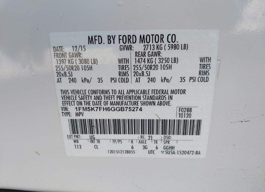 Photo 9 of 2016 Ford Explorer LIMITED (VIN 1FM5K7FH6GGB75274)