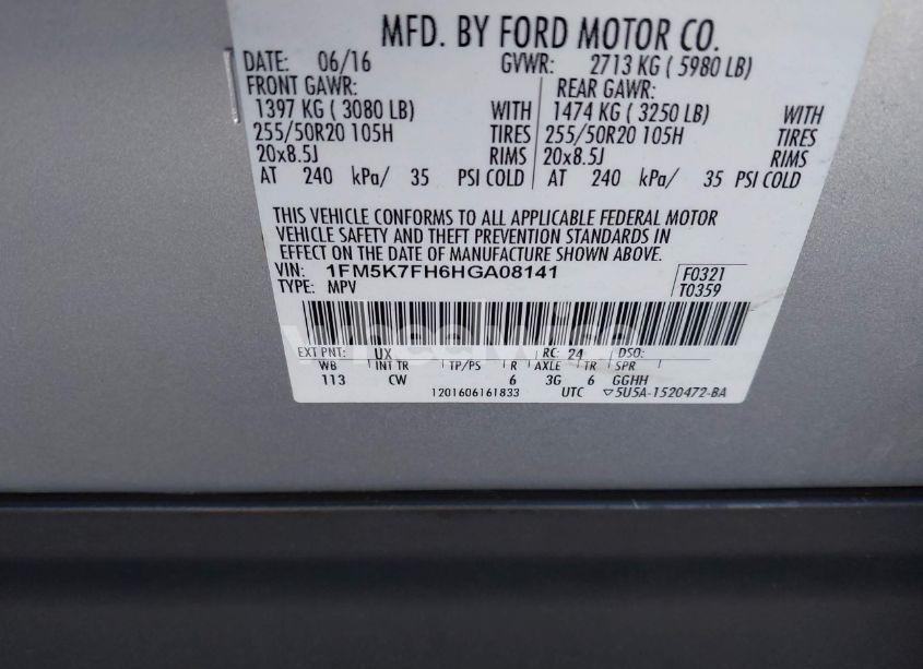 Photo 9 of 2017 Ford Explorer LIMITED (VIN 1FM5K7FH6HGA08141)