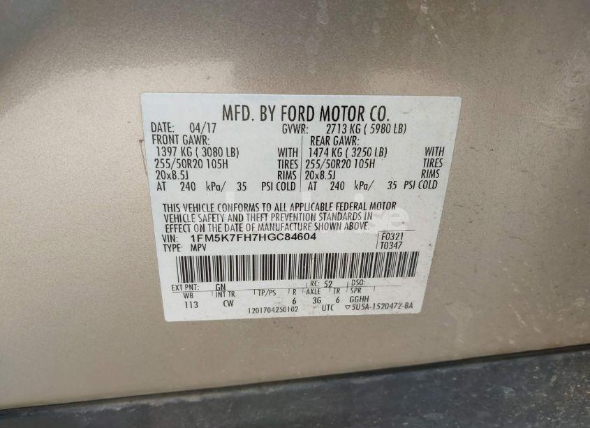 Photo 9 of 2017 Ford Explorer LIMITED (VIN 1FM5K7FH7HGC84604)