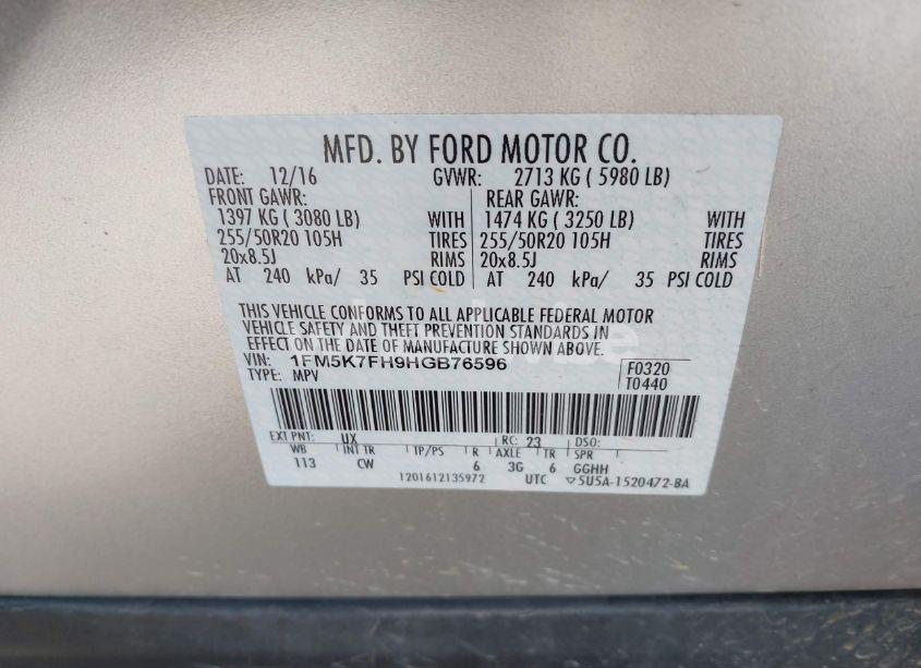 Photo 9 of 2017 Ford Explorer LIMITED (VIN 1FM5K7FH9HGB76596)