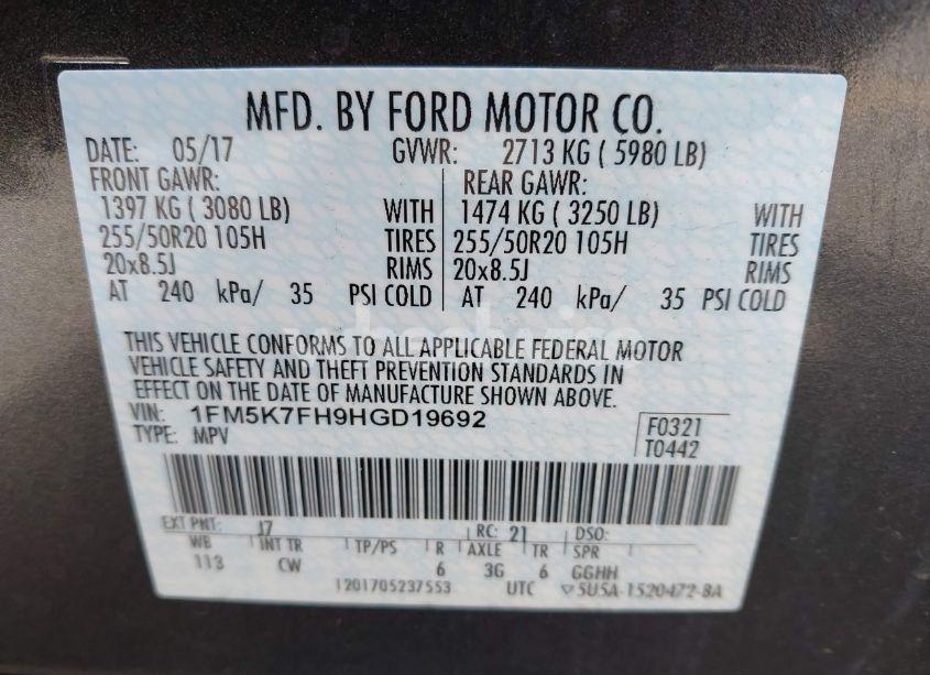 Photo 9 of 2017 Ford Explorer LIMITED (VIN 1FM5K7FH9HGD19692)