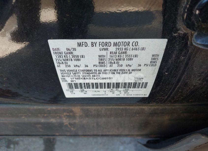 Photo 9 of 2020 Ford Police INTERCEPTOR (VIN 1FM5K8AB7LGC00931)