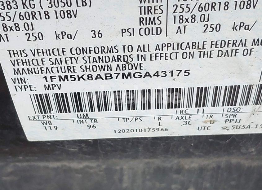 Photo 9 of 2021 Ford Police INTERCEPTOR (VIN 1FM5K8AB7MGA43175)