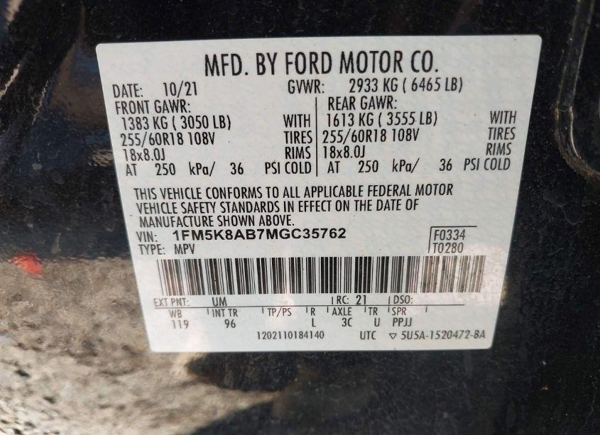 Photo 9 of 2021 Ford Police INTERCEPTOR (VIN 1FM5K8AB7MGC35762)