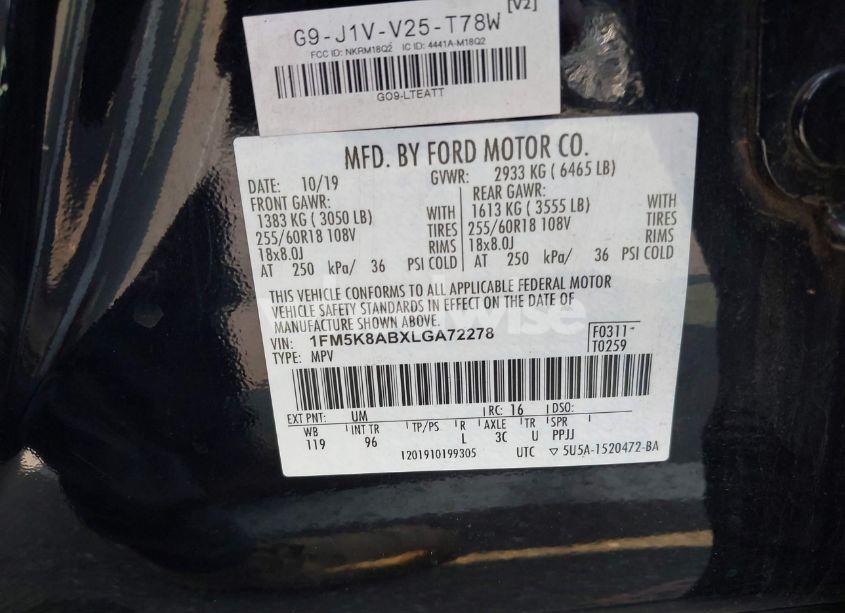 Photo 9 of 2020 Ford Police INTERCEPTOR UTILITY (VIN 1FM5K8ABXLGA72278)